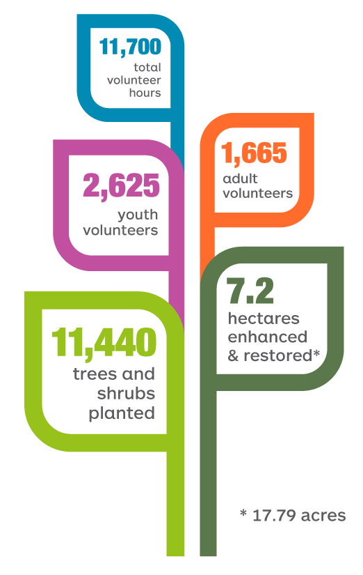 Thanks to our volunteers. 11,700 total volunteer hours. 1,665 adult volunteers. 2,625 youth volunteers. 7.2 hectares enhanced and restored. 11,440 trees and shrubs planted.