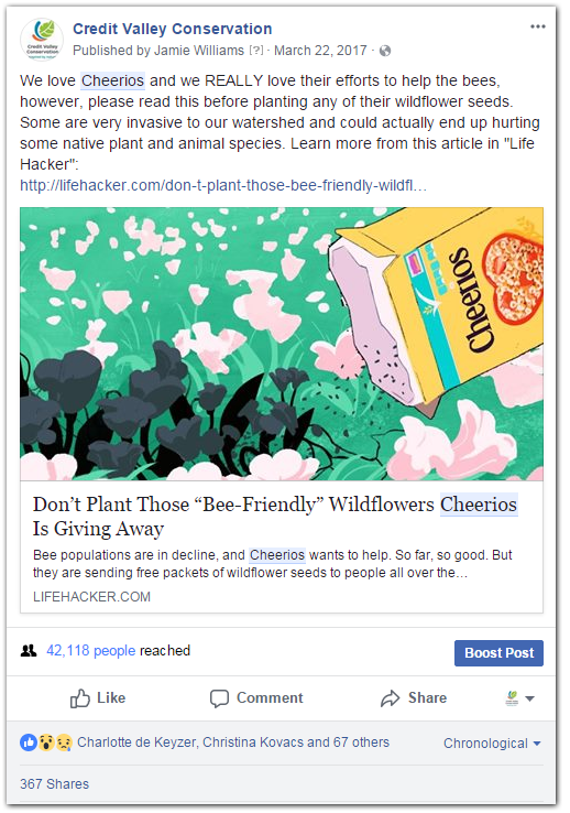 Credit Valley Conservation Facebook post re: Cheerios campaign